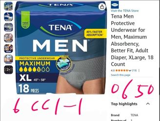 Tena Men Protective Underwear for Men, Maximum Absorbency, Better Fit, Adult Diaper, XLarge, 18 Count BRAND NEW