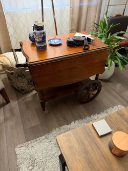 Vintage Drop Leaf Tea Cart Rolling Bar Cart Wood