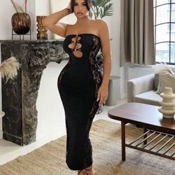 Sexy Black Dress Ladies Fashion Summer Strapless Lace Patchwork Hollow Out Midi Bodycon Dress