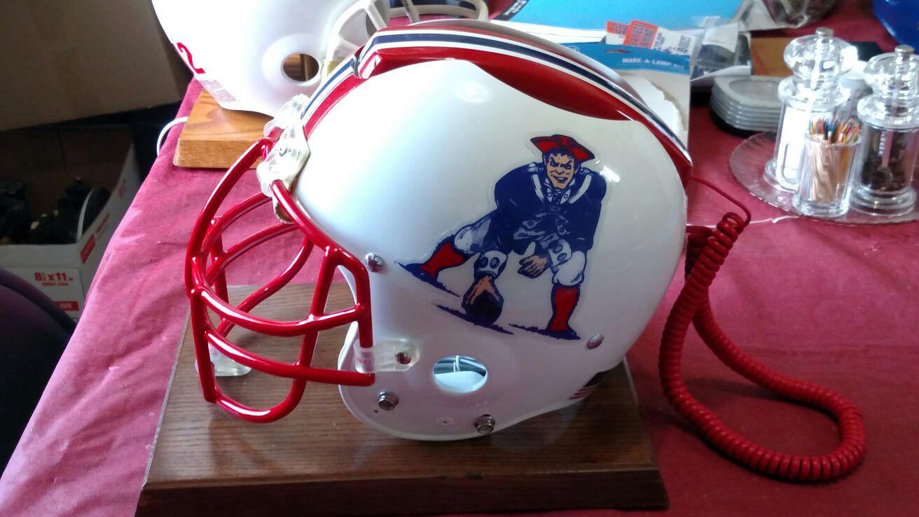 New England Patriots Tom Brady helmet phone and lamp.