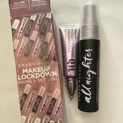 Urban Decay MAKEUP LOCKDOWN Prime Set Duo Setting Spray Eyeshadow Primer Potion.    Full size eyeshadow primer potion 10ml  Mini size all nighter long