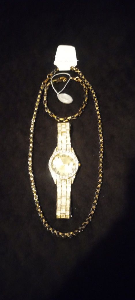 Stainless Steel And Black Necklace And Bracelet And Watch All For $100
