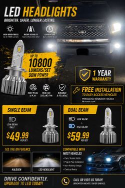 Led headlights  1 year warranty free installation to easy access vehicles