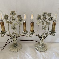 Pair Vintage Italian Tole Candelabras-Electrified-Flowers-13" Tall 8 1/2" Wide