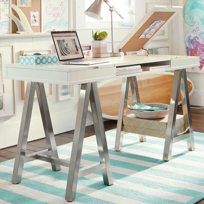 White Desk with metal legs. Pottery Barn. Used.