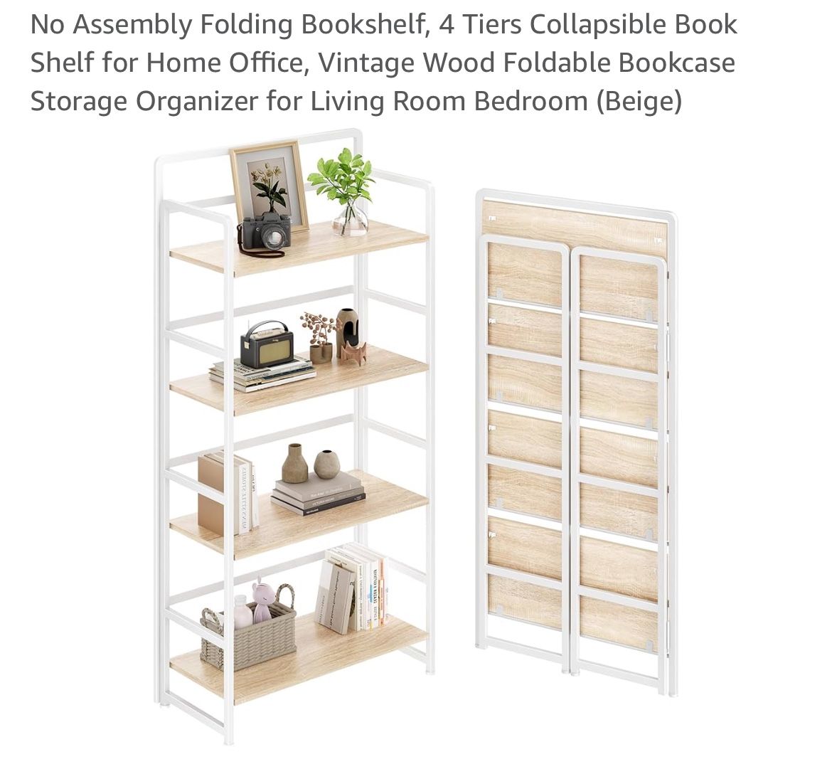 No Assembly Folding Bookshelf, 4 Tiers Collapsible Book Shelf for Home Office, Vintage Wood Foldable Bookcase Storage Organizer for Living Room Bedroo