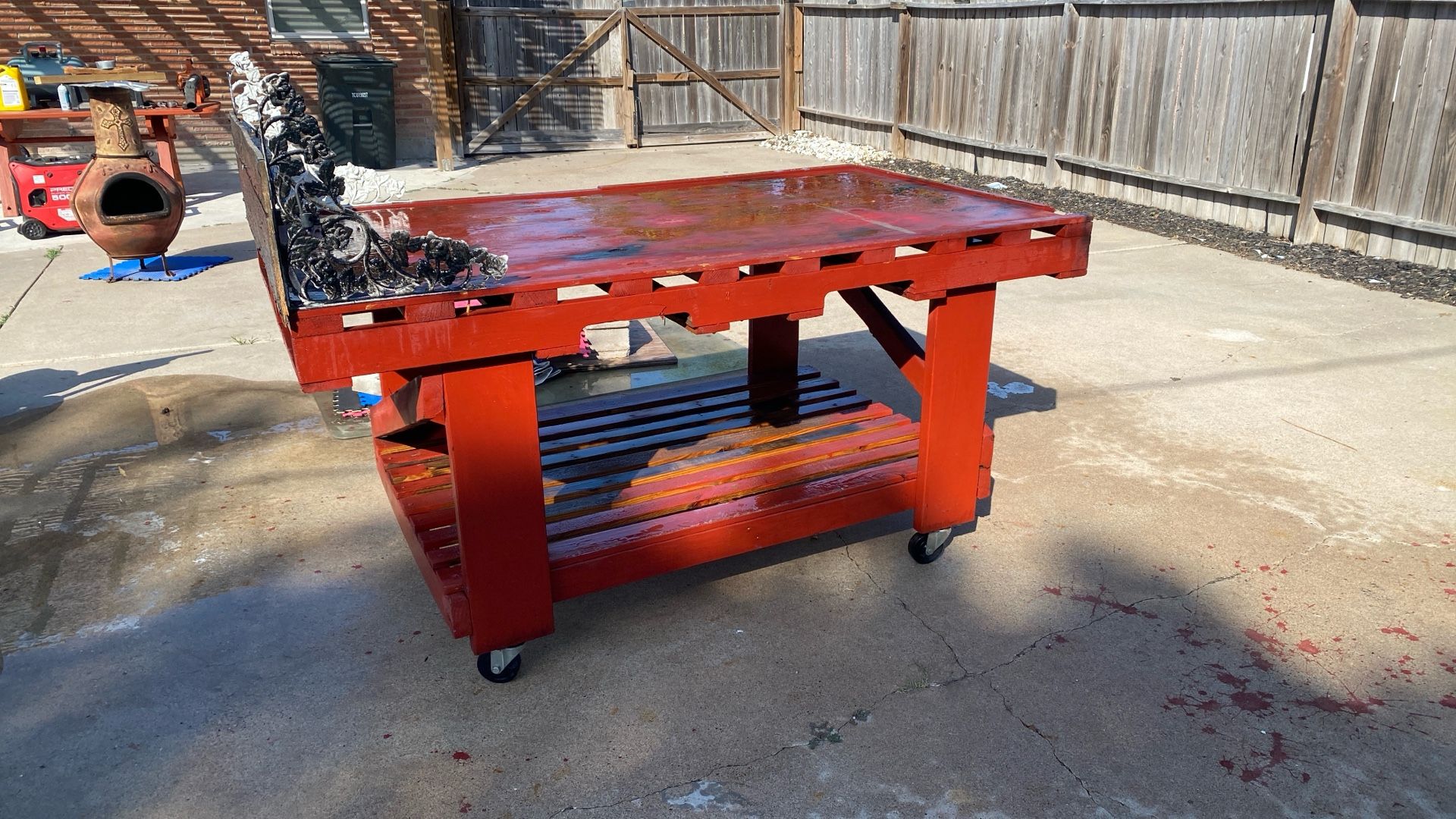 Red Work Shop Table On Roller Wheels