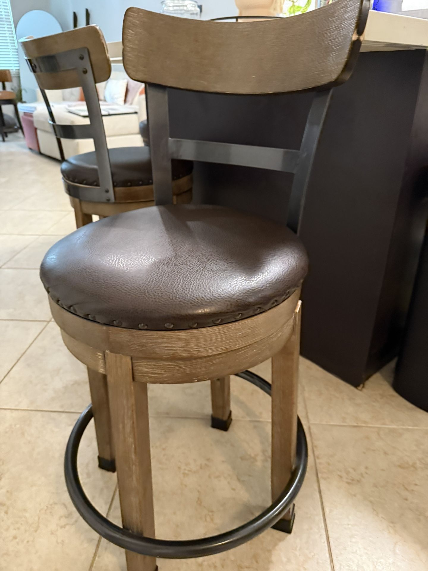 Modern Swivel Bar Stools (Set of 3) Wood + Leather seats