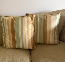 Pair of Large Custom Pillows in Striped Silk Taffeta & Cord Trim