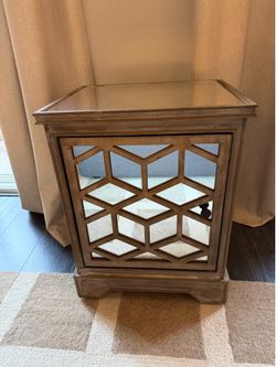 Mirrored Accent Cabinet – Geometric Lattice Door, Whitewashed Wood