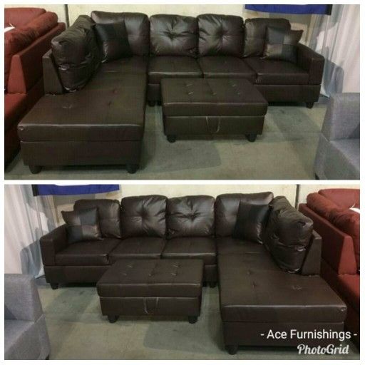 Brand New Brown Leather Sectional With Storage Ottoman