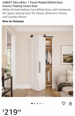 JUBEST 36in.x84in. 1 Panel Molded Bifold Door Interior Folding Closet Door White Primed Hollow Core Bifold Door with Hardware Kit, Space Saving Door f