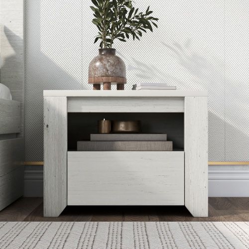 Set Of 2 - Off-White Stained Modern Nightstands w/ Drawer & Open Storage [NEW IN BOX] **Retails for $300 ^Assembly Required^ 