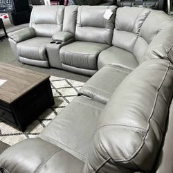 Dunleith Gray Real Leather Power Reclining Huge Sectional Sofa /P