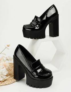 Black Patent Leather Platform Block Heel Loafers