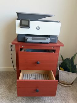 HP OfficeJet Pro 9015 Printer + Dell 27" Monitor + 2-Drawer Cabinet, $199
