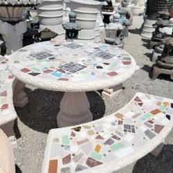 Concrete Mosaic Picnic Table with 3 Benches/ Outdoor Patio Furniture
