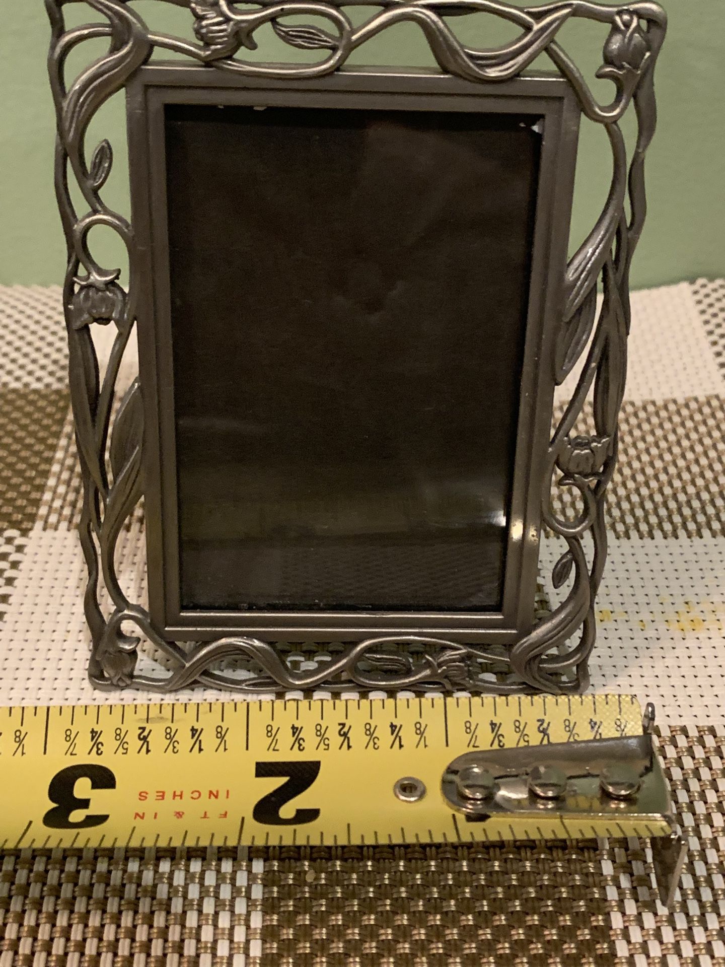 New Small Metal Photo Frame W/ Scroll Design And Has A Stand