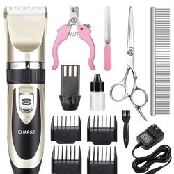 Dog Grooming Clippers, Professional Pet Grooming Kit Rechargeable Pet Shaver Cordless Silent Dog Hair Trimmer with 4 Comb Attachments & Extra Tools fo