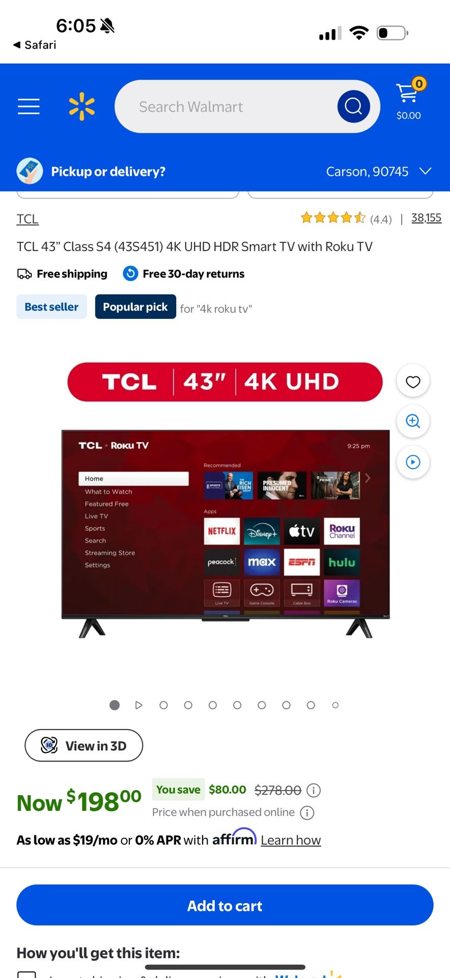 TCL 43” Class S4 (43S451) 4K UHD HDR Smart TV with Roku TV