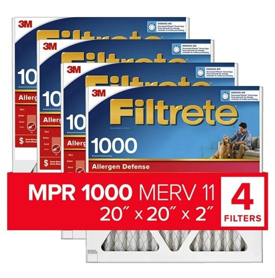 Filtrete 20x20x2 AC Furnace Air Filter, MERV 11, MPR 1000, Allergen Defense, 3-Month Pleated 2-Inch Electrostatic Air Cleaning Filter, 4 Pack