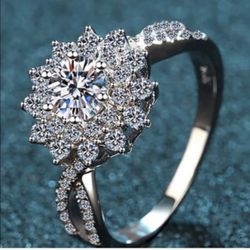 Wedding Sterling Silver 925 Flower Moissanite Ring Size 7, 7.5 & 8.5