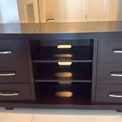 MODERN DARK WOOD MEDIA CONSOLE / DRESSER – 8 DRAWERS + OPEN SHELVES