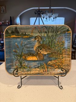 Vintage Woven Bamboo Serving Tray Wood Ducks Mallard Pond 16” Cabin Lodge Deco