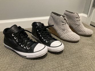 7 pairs womens shoes, sandals, sneakers. Size 7-ish