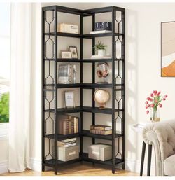 New assembled Corner Shelf, 7-Tier Industrial Corner Bookshelf, Wood and Metal Corner Etagere Bookcase, Freestanding Display Shelf for Living Room, Ki