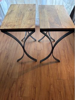 Set of 2 Wood Top Metal Base Side Tables
