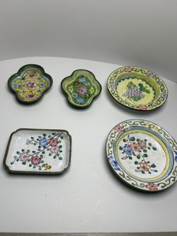 Antique Chinese Canton Enamel on Copper Trays Set of 5 Qing Dynasty Floral