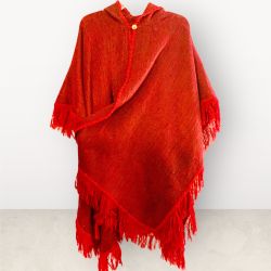 Soft Alpaca Hand-knitted Poncho With Hood. Open Style Handmade By Artisans Of South America,Color Red. One Size. New Handmade. 
