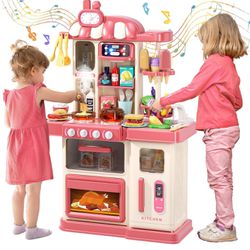 47PCS Kids Kitchen Playset with Sound & Light, Cooking Stove with Steam, Play Sink and Toy Kitchen Accessories