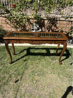 French Provincial Wood Console Table with Glass Insets
