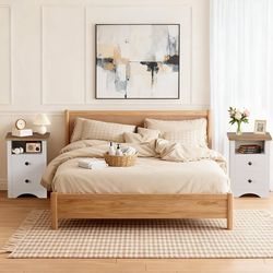 New Set Of 2 Farmhouse Nightstands, End Table with 2 Storage Drawers and Open Shelf, Rustic Bedside Table for Bedroom, Living Room(2, White)   New in 