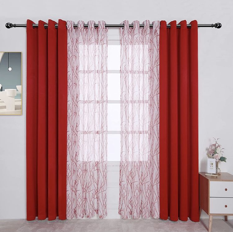 BONZER Mix and Match Curtains - 2 Pieces Branch Print Sheer Curtains and 2 Pieces Blackout Curtains for Bedroom Living Room Grommet Window Drapes, 54x