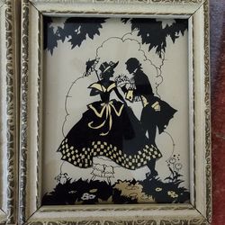 Vintage Reverse Painted on Glass Silhouettes in Wood Frames Picture Victorian Couples Set of 2