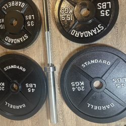 Full Olympic Barbell [6 ft Cooper Bearings] and Weight Plates [Cast Iron: 5 to 45 #]in NEW Condition. Total: 285 lbs