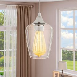 1-Light Jar Pendant, Brushed Nickel Ceiling Pendant Light, Jar Ceiling Light with Clear Glass Chandelier for Dining Room Kitchen Hallway