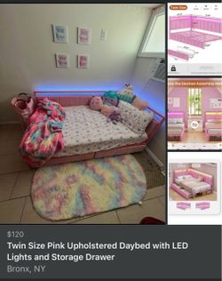 Twin Size Pink Upholstered Daybed with LED Lights and Storage Drawer