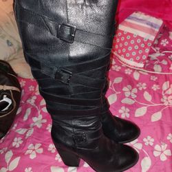 Strappy Knee High Black Leather Boots