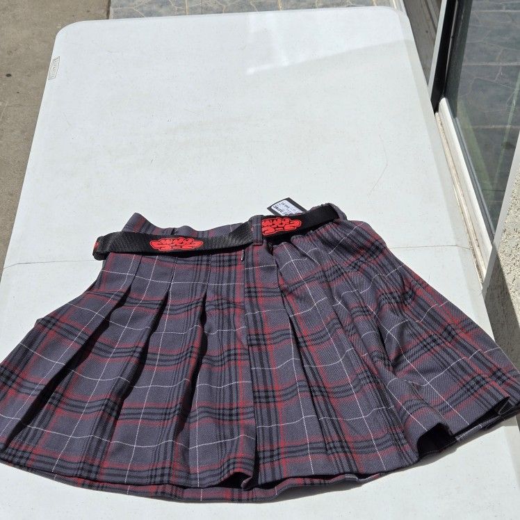 SWIXXZ Anime Grey, Red & Black Plaid Skirt