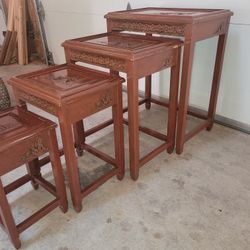 Vintage Wood Hand Carved Asian Nesting Tables