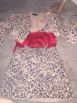 Skirt cheeta and jean jacket and tassel red crop top all set