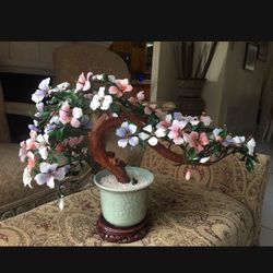 Glass bonsai tree with base mata de cristal bonzai pink white blue large celadon floral Japanese Chinese