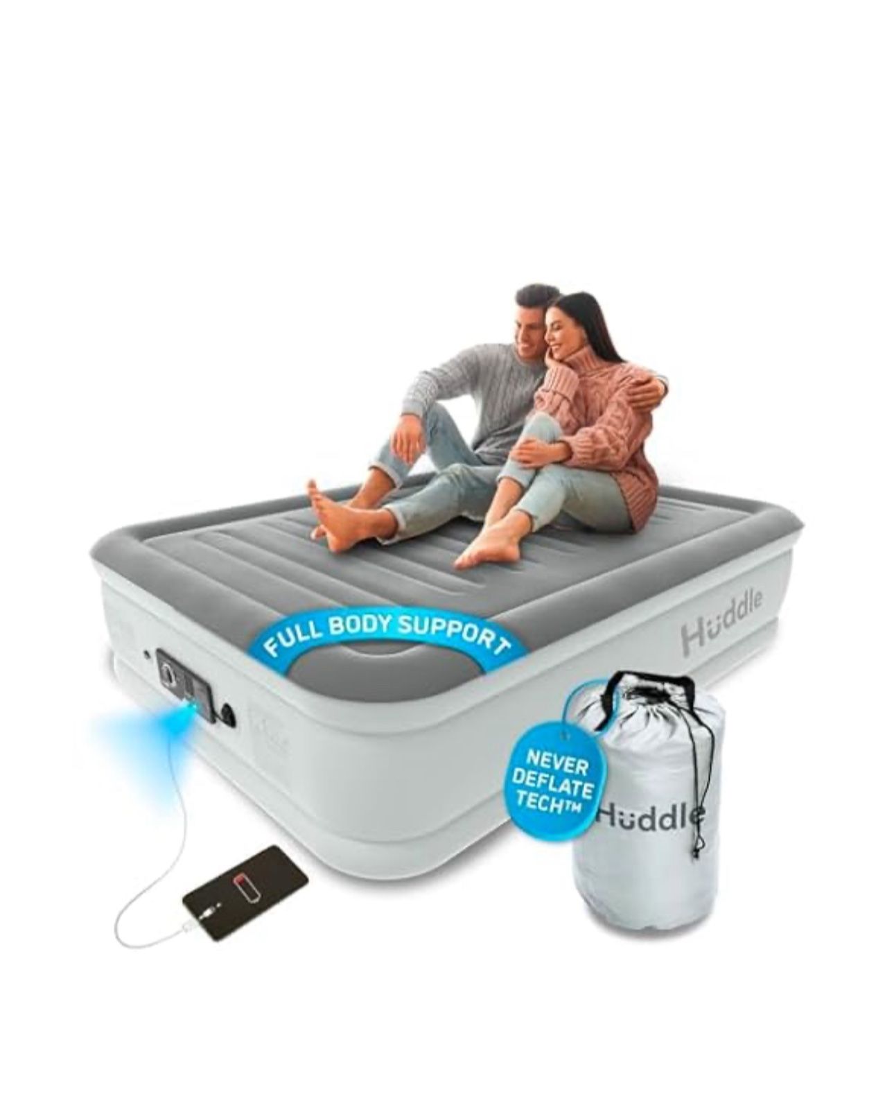 Huddle Inflatable Air Bed with Dual Pump SlumberGuard Technology, Full - Grey