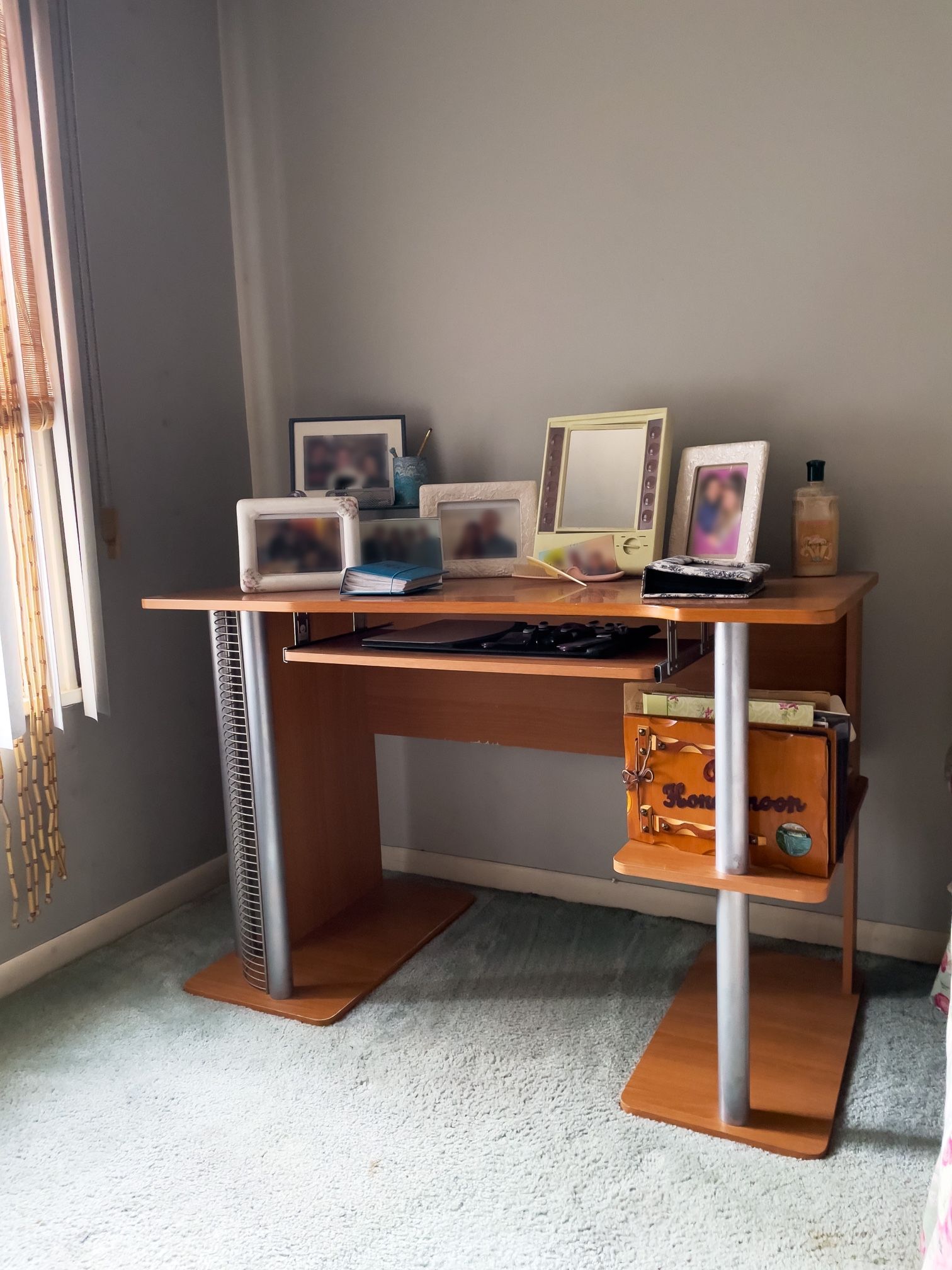Large Vintage Desk With Shelves - Large wood & metal vintage desk with keyboard tray, top and side shelves, CD rack - Glass shelf on top of desk and s
