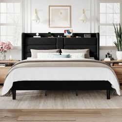 Queen Size Upholstered Platform Bed Frame with Velvet Wingback Headboard & USB Charging Ports, No Box Spring Needed, Black