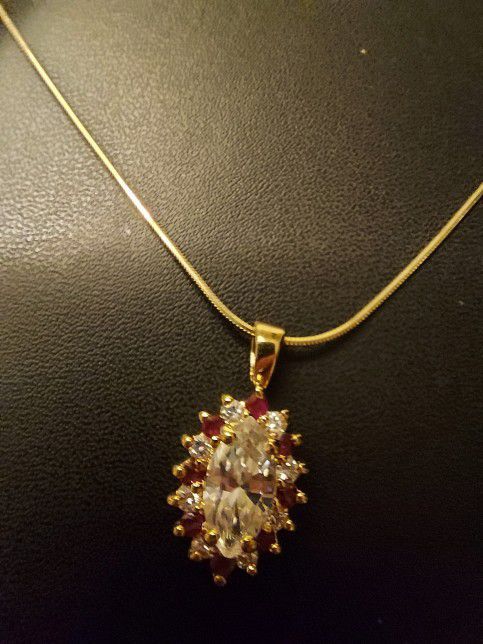 Elegant Ruby & CZ Stones Necklace/pendant On A Sterling Silver 18" Snake Chain.